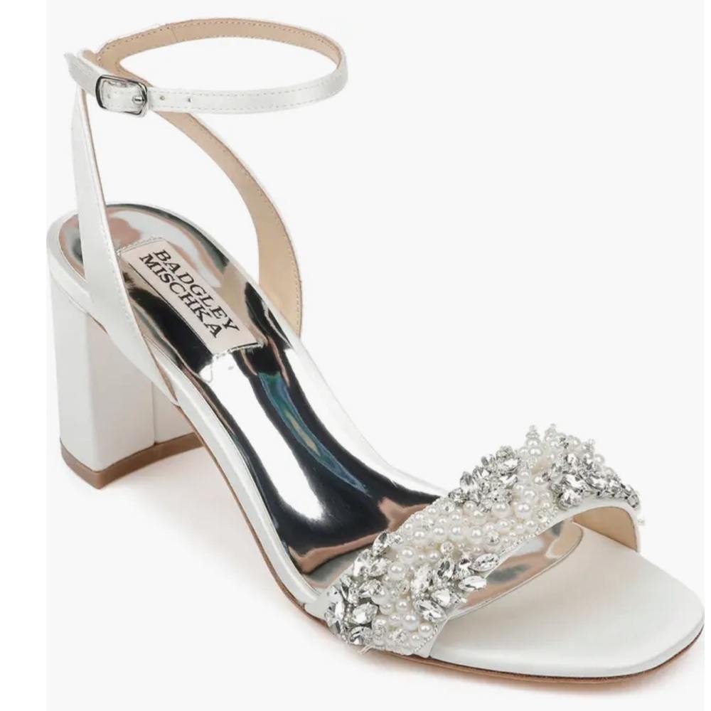 Badgley Mischka Clara Embellished Heeled Sandal in Soft White Satin